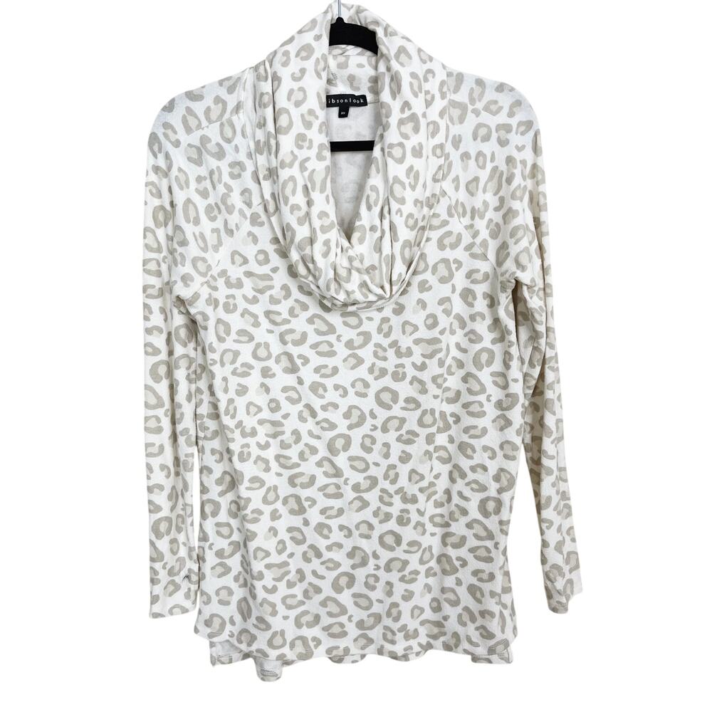 Gibson Look Leopard Cowl Neck Sweater Oatmeal Cream Pink XSmall XS Womens